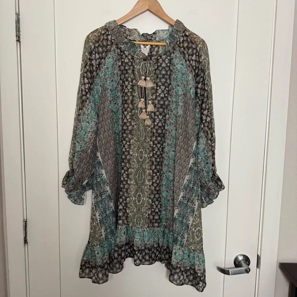 Rachel Zoe Lexi Peasant Top Sz 2 Stripe Print Long Sleeve Tassels Flowy Boho